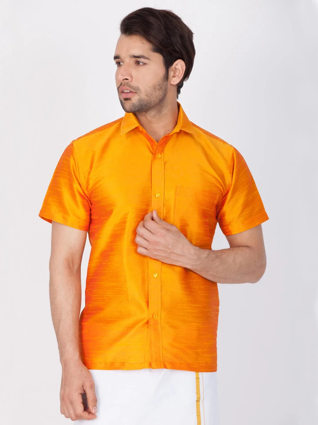 Jashvi Orange Silk Blend Baap Beta Shirt set