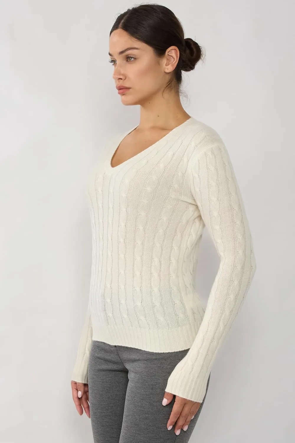 JENNIE LIU Women's 100% Cashmere Cable-Knit Long Sleeve Pullover V Neck Sweater