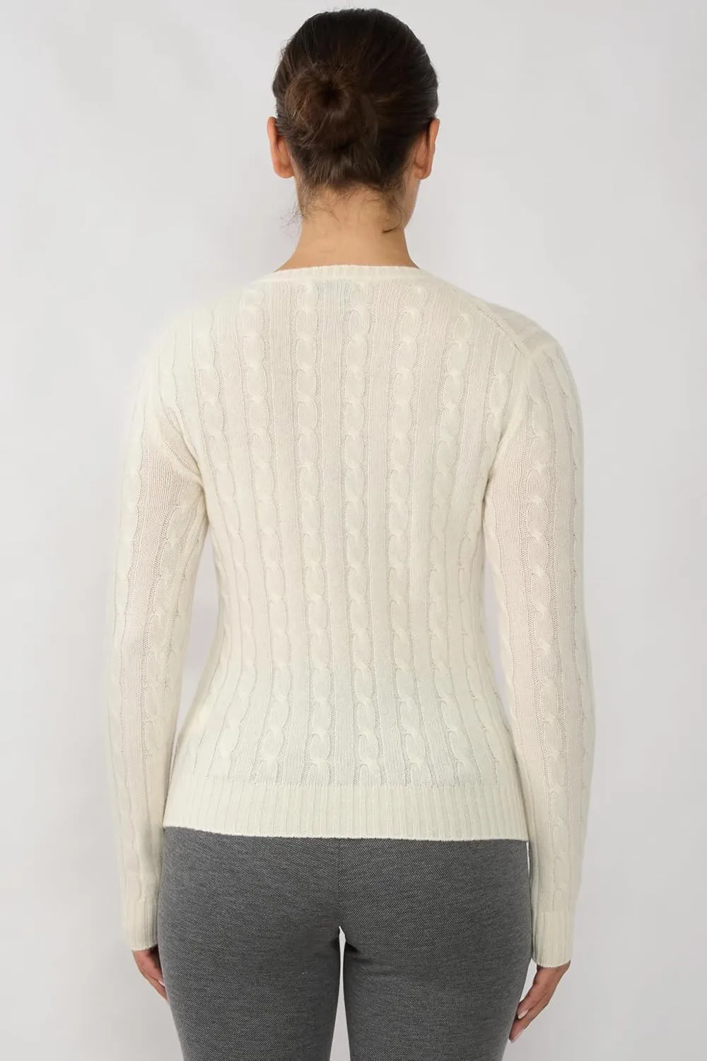 JENNIE LIU Women's 100% Cashmere Cable-Knit Long Sleeve Pullover V Neck Sweater
