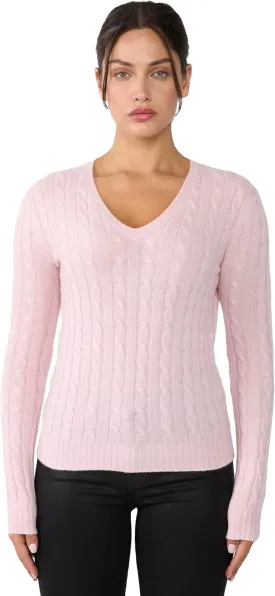JENNIE LIU Women's 100% Cashmere Cable-Knit Long Sleeve Pullover V Neck Sweater