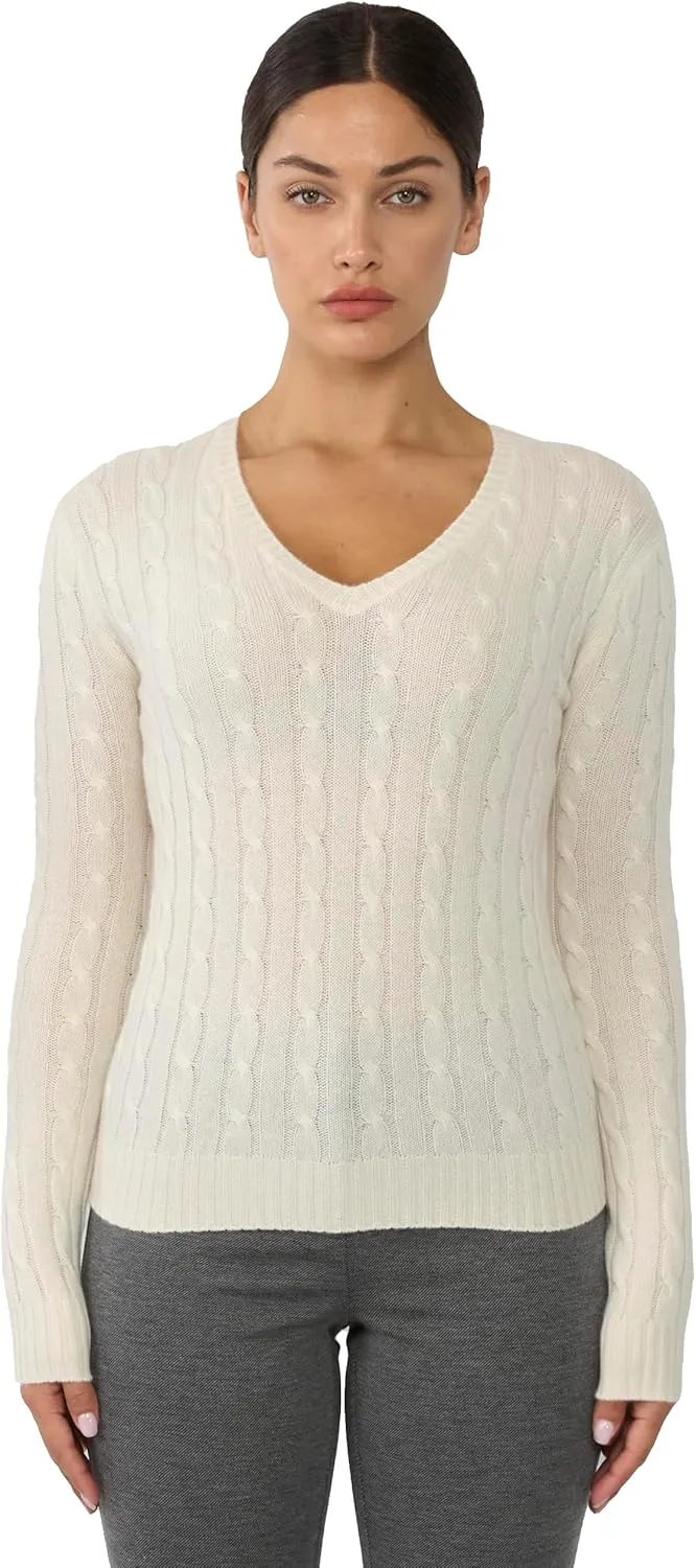 JENNIE LIU Women's 100% Cashmere Cable-Knit Long Sleeve Pullover V Neck Sweater