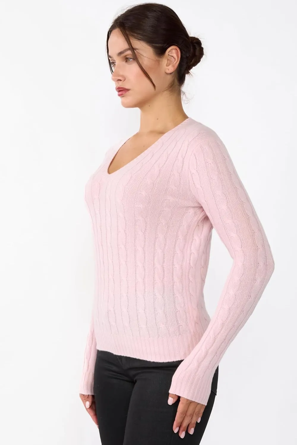 JENNIE LIU Women's 100% Cashmere Cable-Knit Long Sleeve Pullover V Neck Sweater