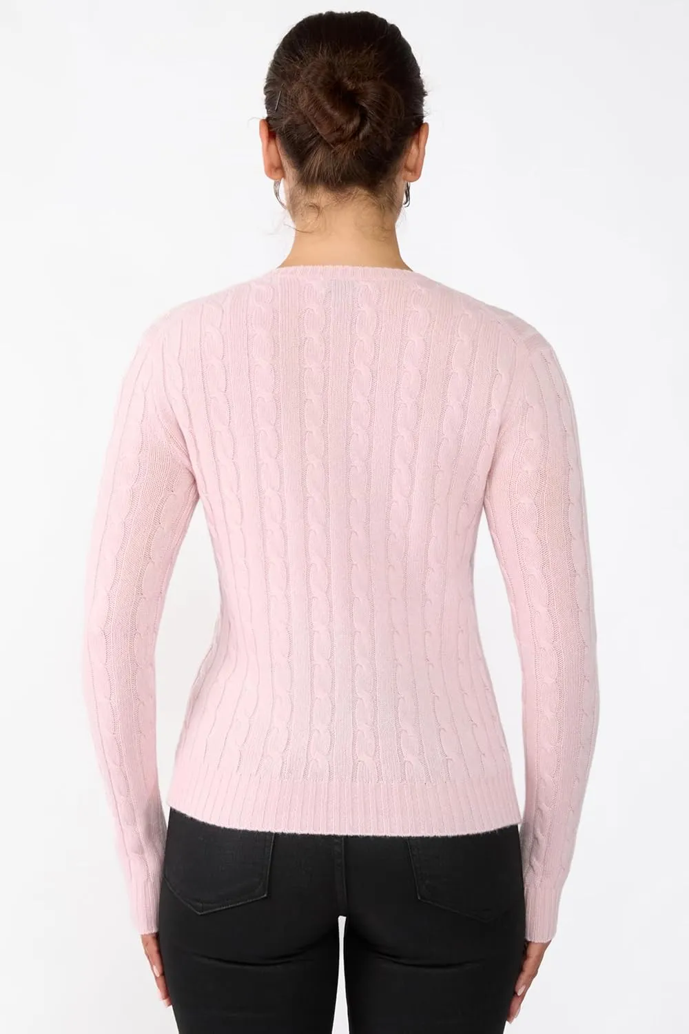 JENNIE LIU Women's 100% Cashmere Cable-Knit Long Sleeve Pullover V Neck Sweater