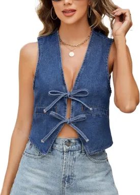 Ladyful Women's Denim Vest Top V Neck Bow Tie Front Jean Vest Sleeveless Lightweight Summer Sexy Waistcoat Tank Top