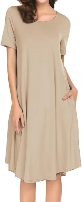 Locryz Women's Short Sleeve Pocket Swing Midi Dress Casual Loose T-Shirt Dress