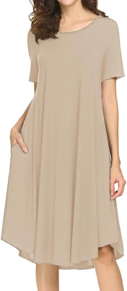Locryz Women's Short Sleeve Pocket Swing Midi Dress Casual Loose T-Shirt Dress