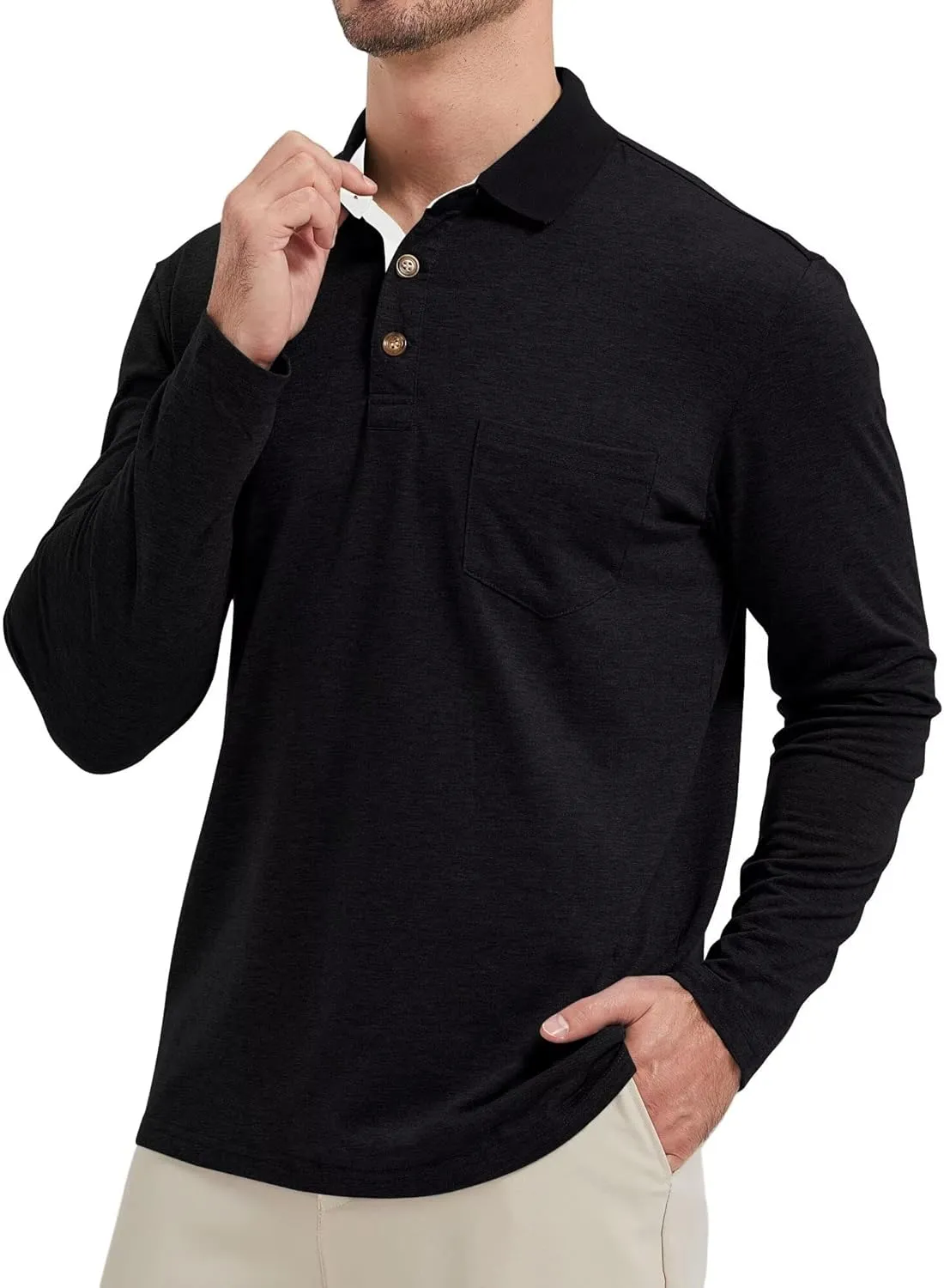 Men's Fashion Polo Shirts Casual Lightweight Long Sleeve Button Shirt with Pocket