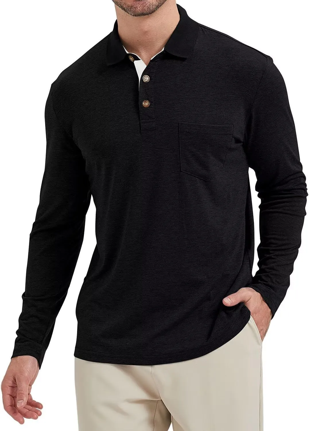 Men's Fashion Polo Shirts Casual Lightweight Long Sleeve Button Shirt with Pocket