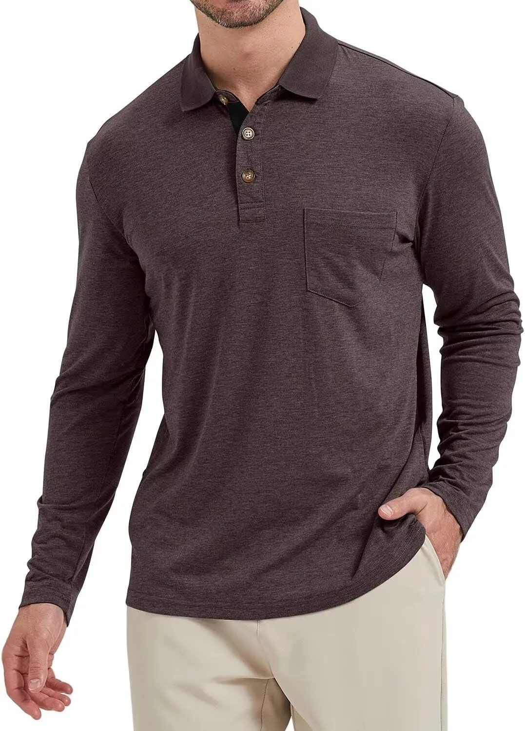 Men's Fashion Polo Shirts Casual Lightweight Long Sleeve Button Shirt with Pocket