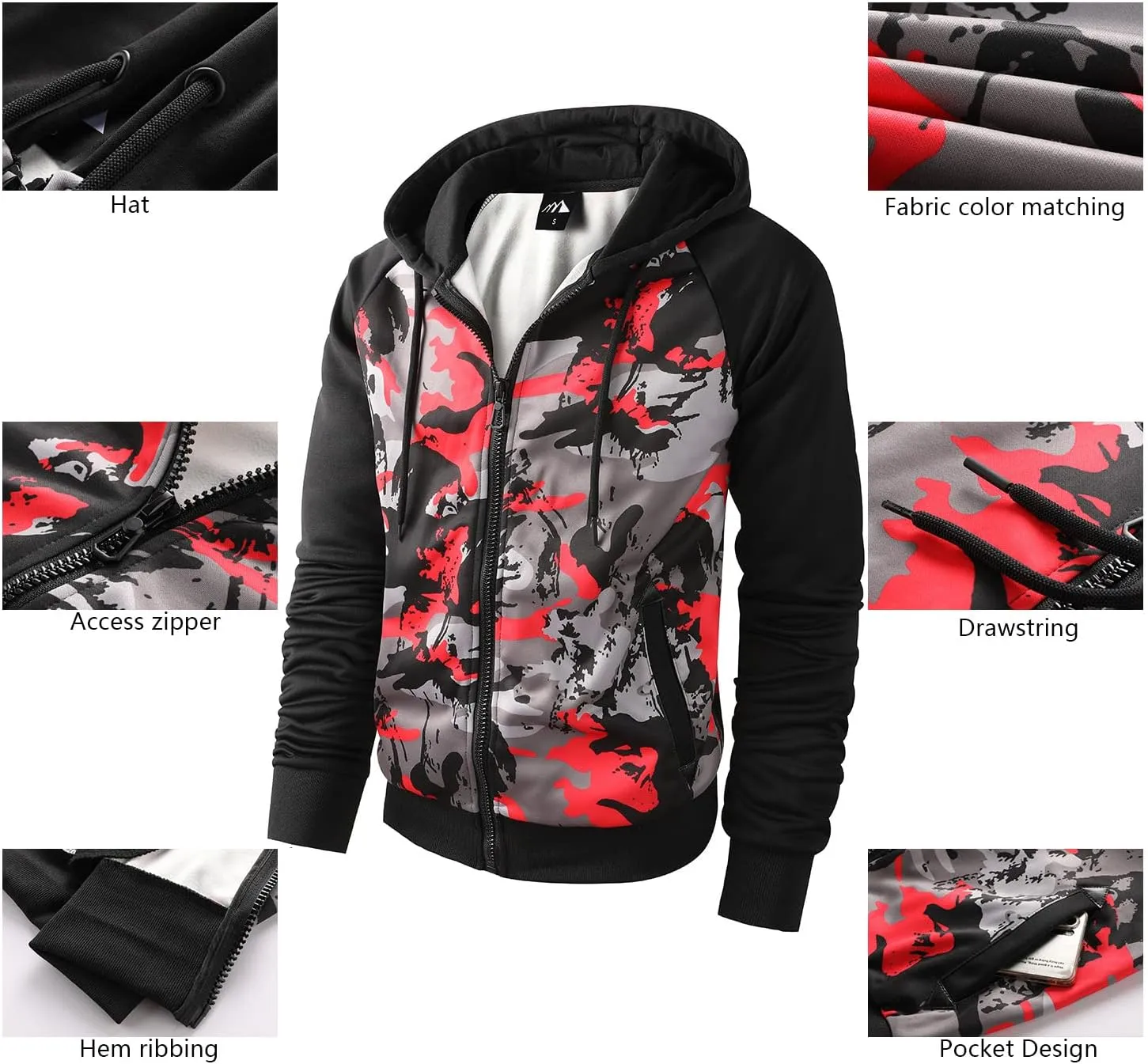 Men's Zip Up Color Block Hoodie Fleece Gym Workout zippered Sweatshirt Fashion Long Sleeve Hooded WIth Pocket