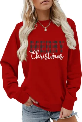Merry Christmas Sweatshirt Women Xmas Graphic Pullover Holiday Vacation Sweatshirt Crewneck Long Sleeve Shirts