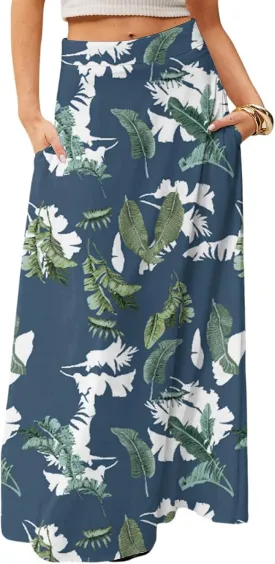 Midi Skirts for Women Summer High Waisted Pleated A-Line Swing Floral Long with Pockets