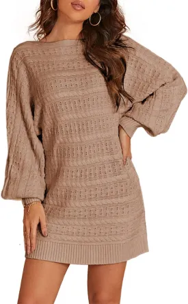 Miessial Women's Loose Oversized Cable Knit Sweater Mini Dress Casual Crewneck Long Sleeve Pullover Sweater Dress