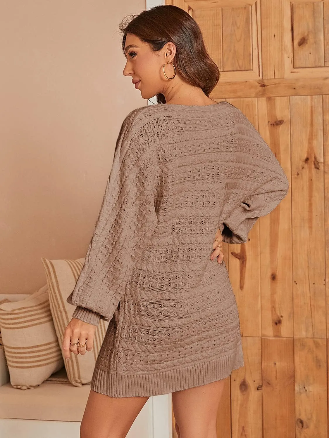 Miessial Women's Loose Oversized Cable Knit Sweater Mini Dress Casual Crewneck Long Sleeve Pullover Sweater Dress