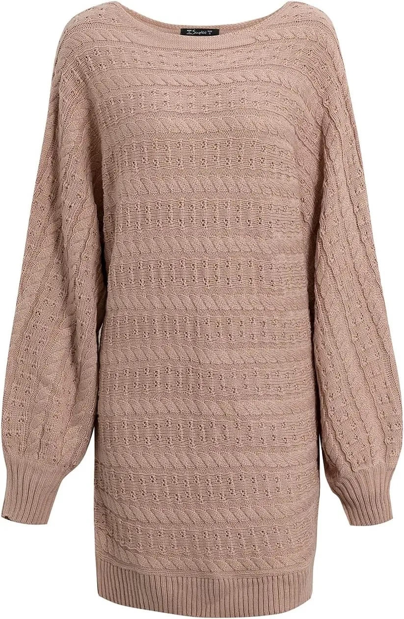 Miessial Women's Loose Oversized Cable Knit Sweater Mini Dress Casual Crewneck Long Sleeve Pullover Sweater Dress