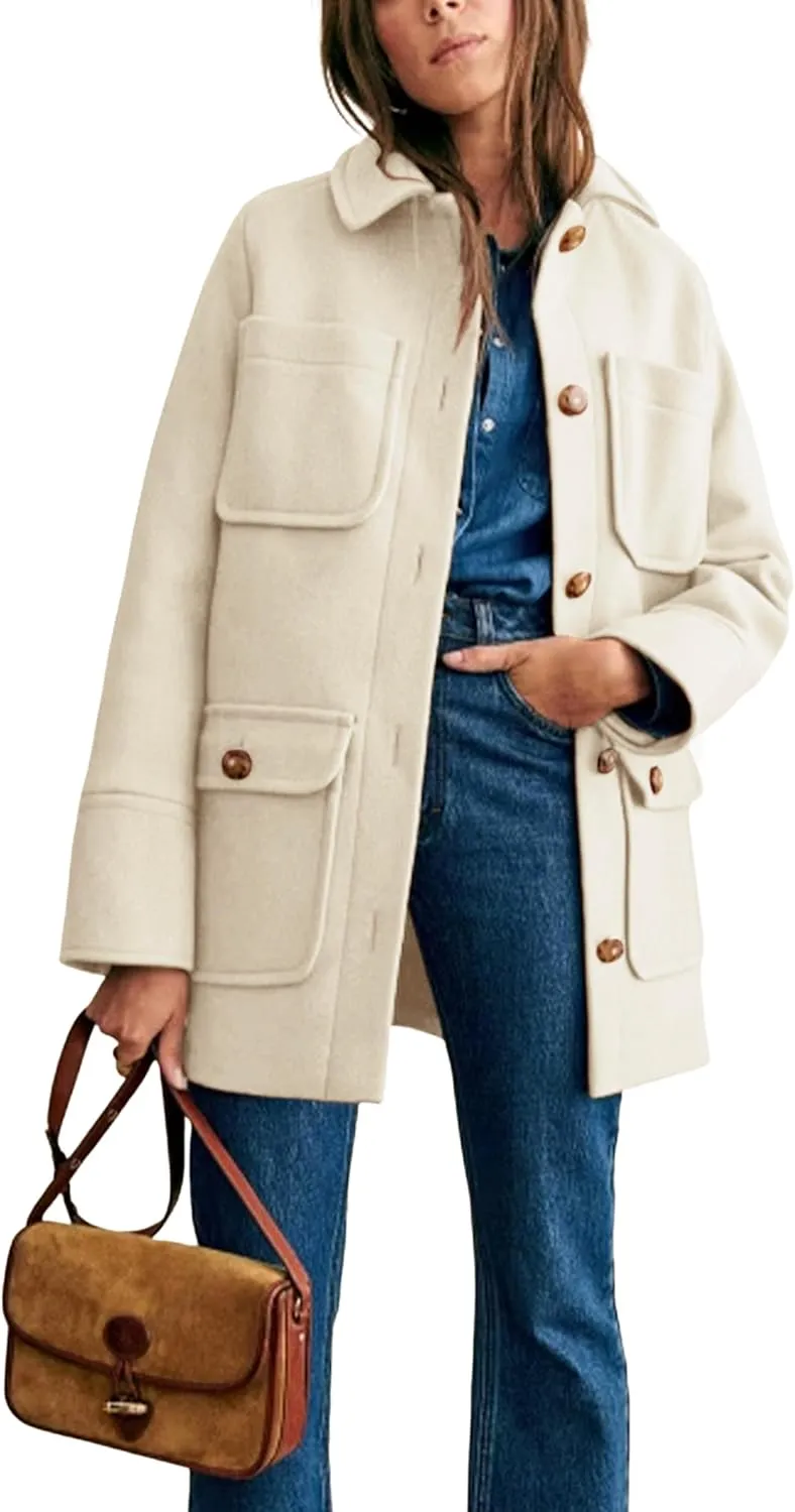 Omoone 2025 Winter Elegant Womens Pea Coat Mid Long Wool Coat Wool Blend Trench Coat with Pockets