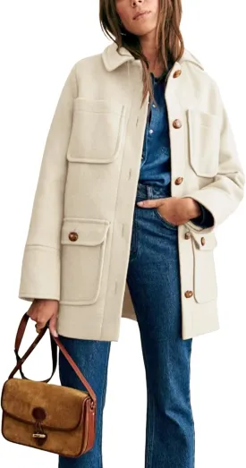 Omoone 2025 Winter Elegant Womens Pea Coat Mid Long Wool Coat Wool Blend Trench Coat with Pockets