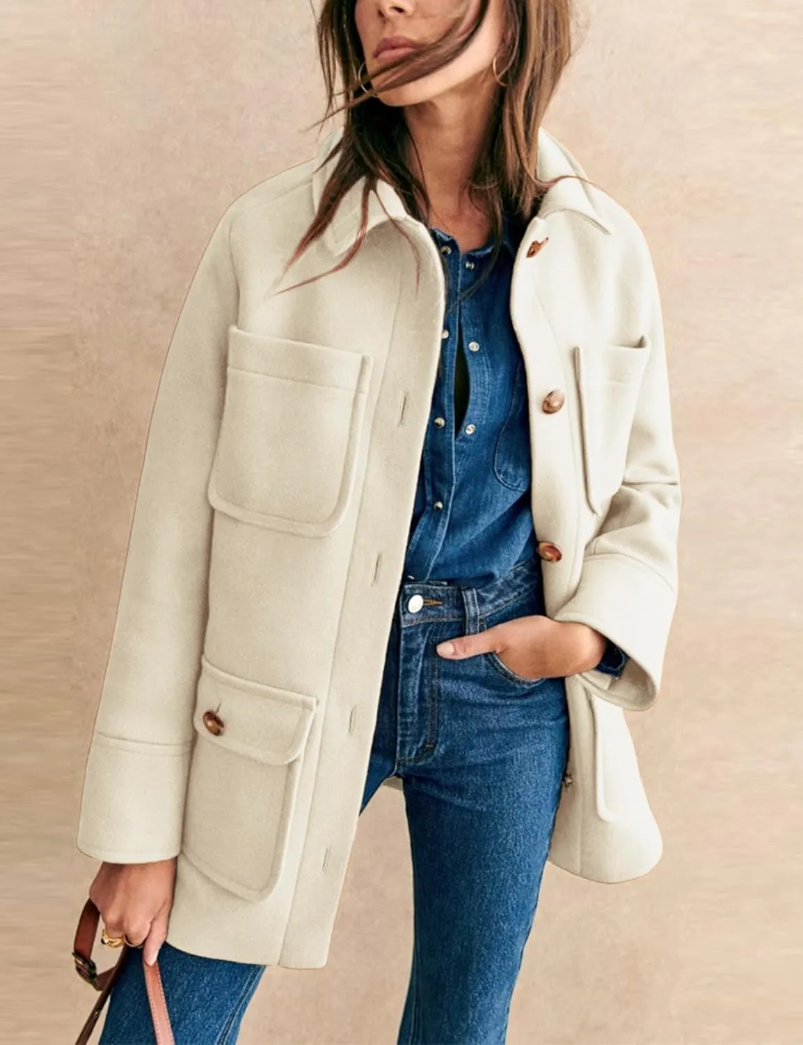 Omoone 2025 Winter Elegant Womens Pea Coat Mid Long Wool Coat Wool Blend Trench Coat with Pockets