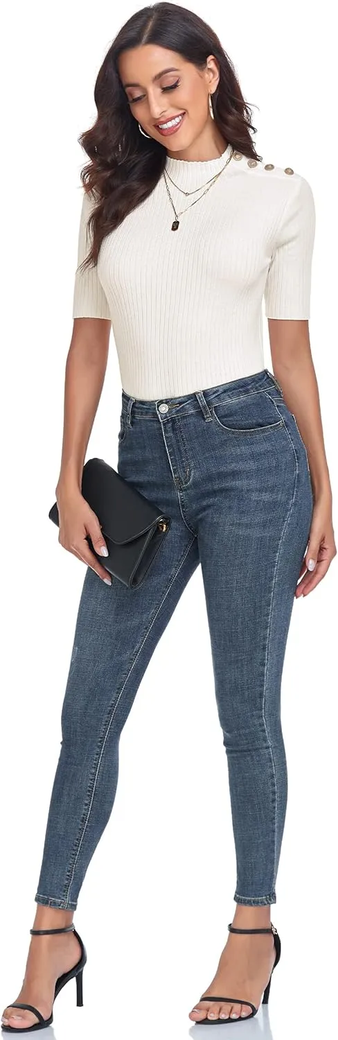 PrettyGuide Women's Short Sleeve Sweater Tops Mock Neck with Button Pullover Slim Fit Casual Business Knit Basic Top