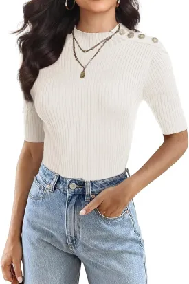 PrettyGuide Women's Short Sleeve Sweater Tops Mock Neck with Button Pullover Slim Fit Casual Business Knit Basic Top