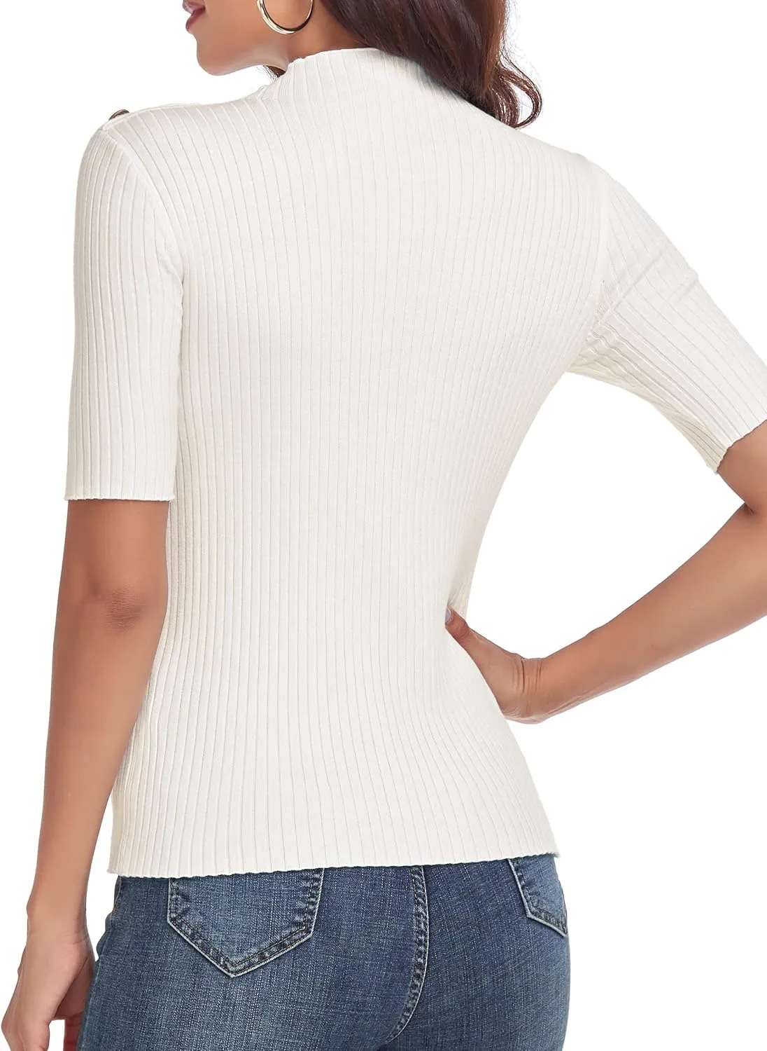 PrettyGuide Women's Short Sleeve Sweater Tops Mock Neck with Button Pullover Slim Fit Casual Business Knit Basic Top