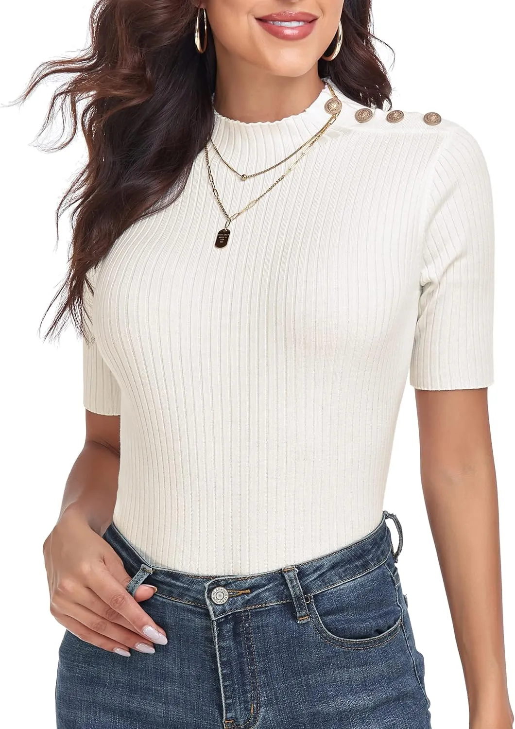 PrettyGuide Women's Short Sleeve Sweater Tops Mock Neck with Button Pullover Slim Fit Casual Business Knit Basic Top