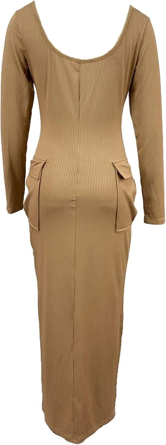 Recious Womens Sexy Long Sleeve O Neck Knitted Ribbed Pockets Bodycon Party Clubwear Dress