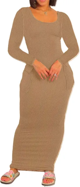 Recious Womens Sexy Long Sleeve O Neck Knitted Ribbed Pockets Bodycon Party Clubwear Dress