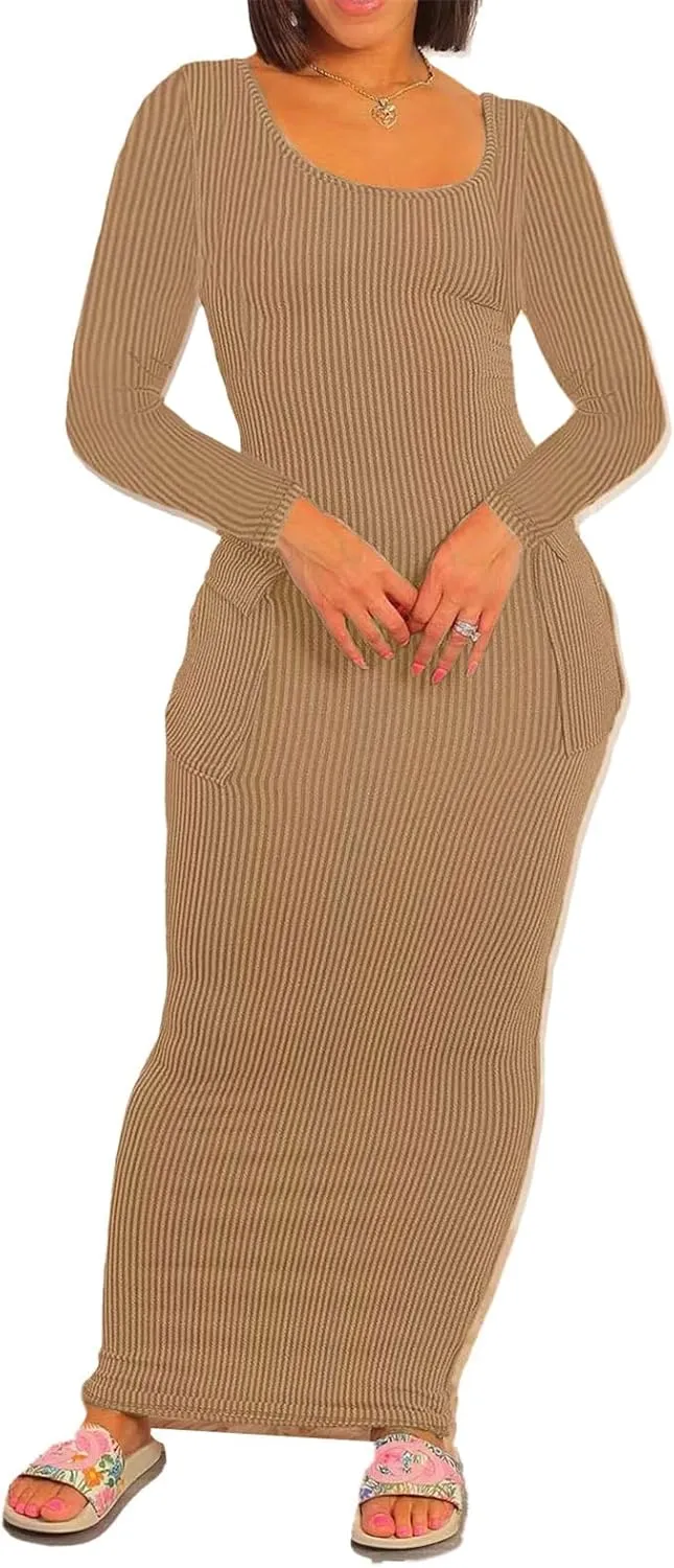 Recious Womens Sexy Long Sleeve O Neck Knitted Ribbed Pockets Bodycon Party Clubwear Dress