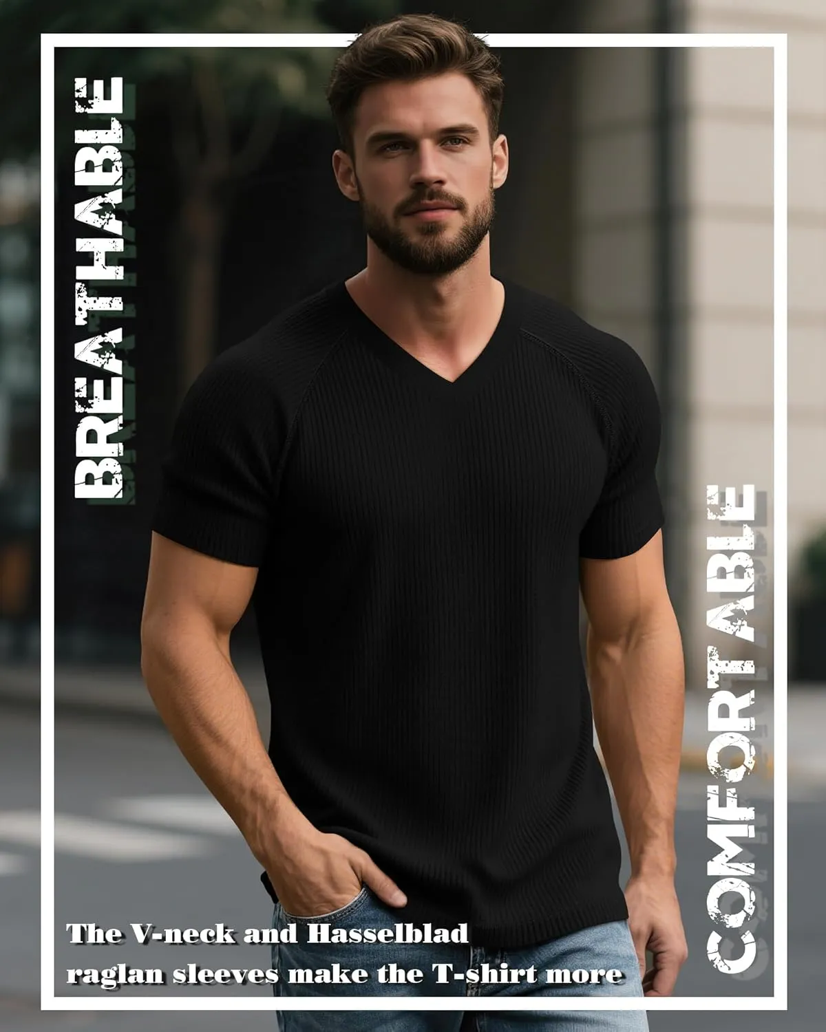 Riyiper 3 Pack Men's Big and Tall T-Shirts V Neck Ribbed Raglan Short Sleeve Tees Plus Size Loose Fit Casual Basic Tops