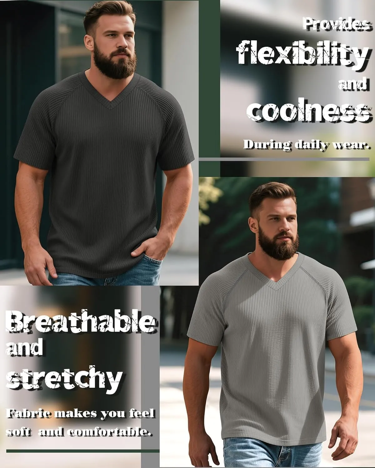 Riyiper 3 Pack Men's Big and Tall T-Shirts V Neck Ribbed Raglan Short Sleeve Tees Plus Size Loose Fit Casual Basic Tops