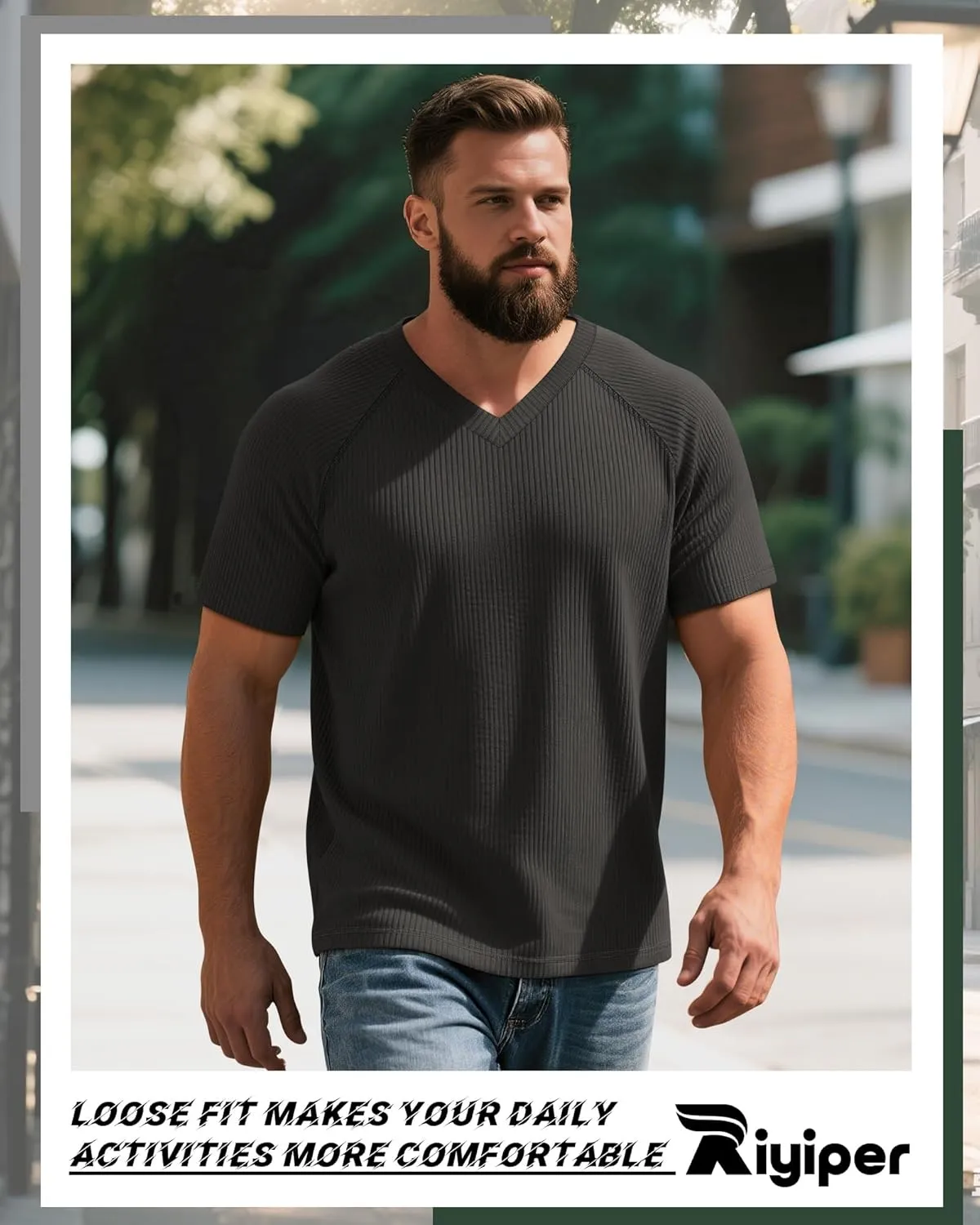Riyiper 3 Pack Men's Big and Tall T-Shirts V Neck Ribbed Raglan Short Sleeve Tees Plus Size Loose Fit Casual Basic Tops