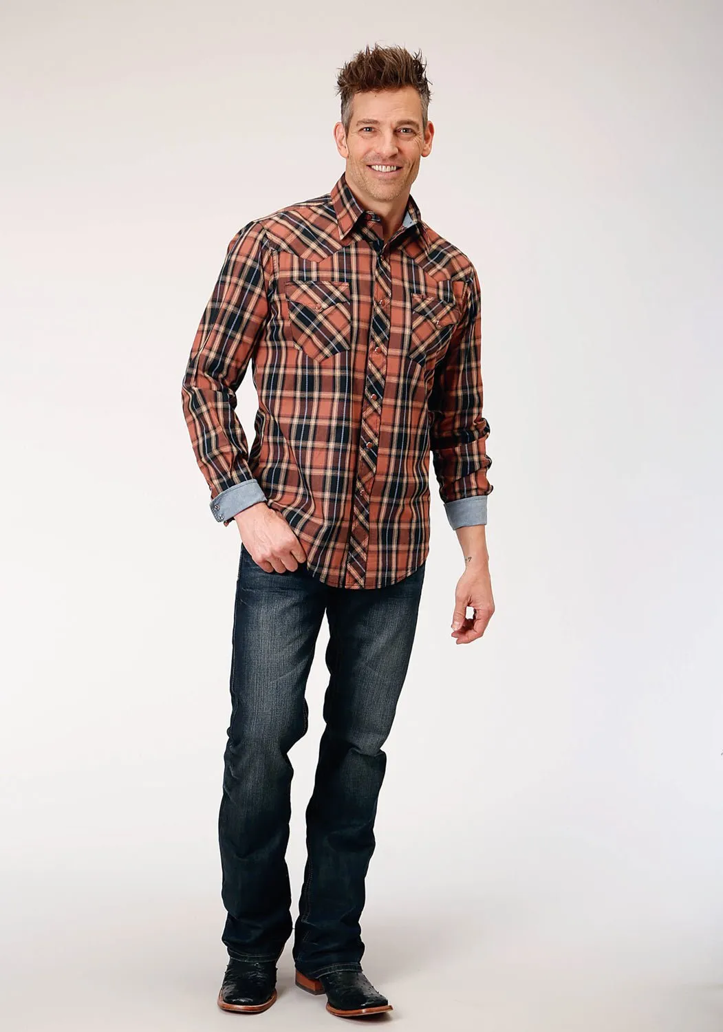 Roper Mens Arrow Dobby Plaid Brown 100% Cotton L/S Shirt