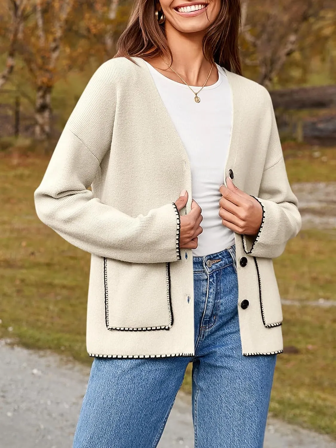 Saodimallsu Womens Fall Cardigan 2024 Button Down Trendy Knit Open Front Casual Loose Sweaters Coat with Pockets