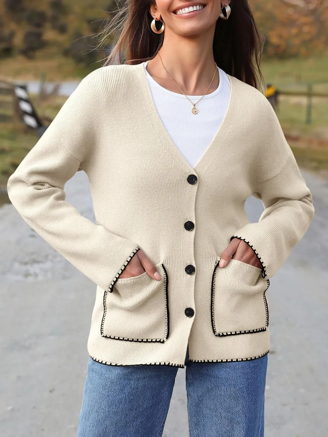 Saodimallsu Womens Fall Cardigan 2024 Button Down Trendy Knit Open Front Casual Loose Sweaters Coat with Pockets