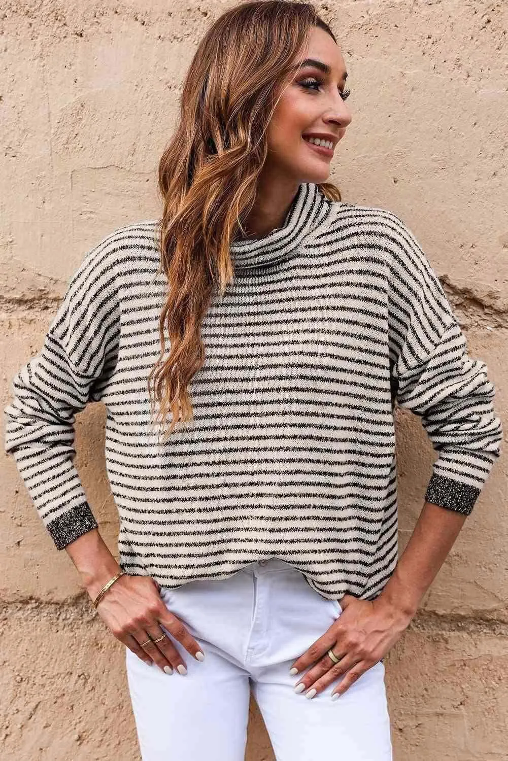 Striped Drop Shoulder Turtleneck Sweater