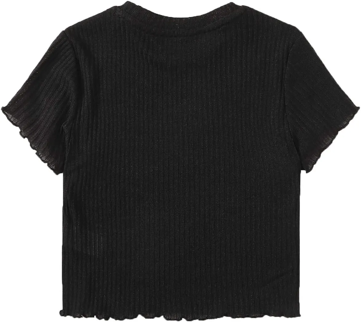 SweatyRocks Women's Solid Crew Neck Ribbed Knit Short Sleeve Crop Top T Shirts