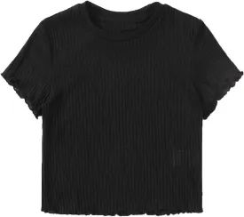 SweatyRocks Women's Solid Crew Neck Ribbed Knit Short Sleeve Crop Top T Shirts