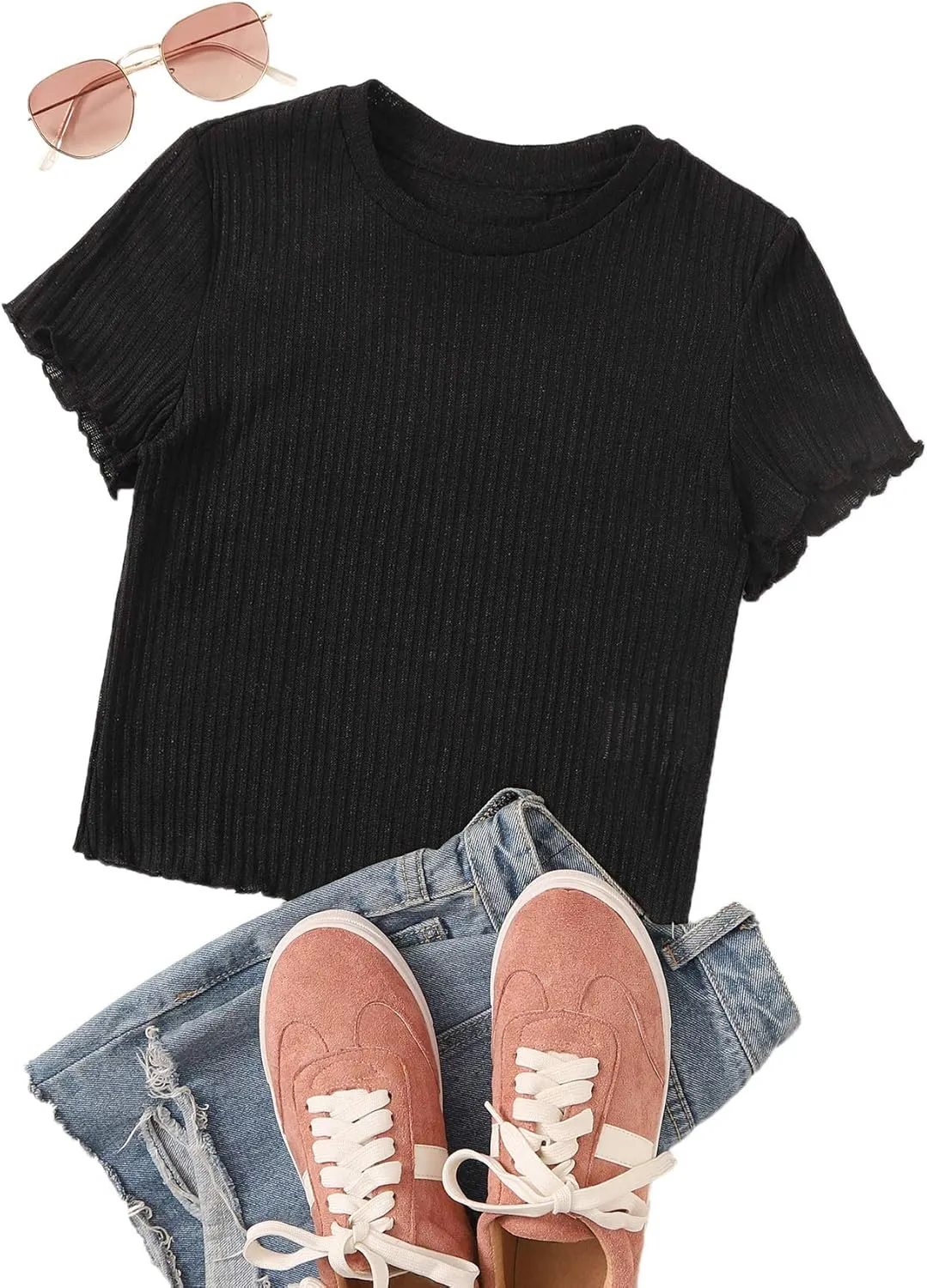 SweatyRocks Women's Solid Crew Neck Ribbed Knit Short Sleeve Crop Top T Shirts