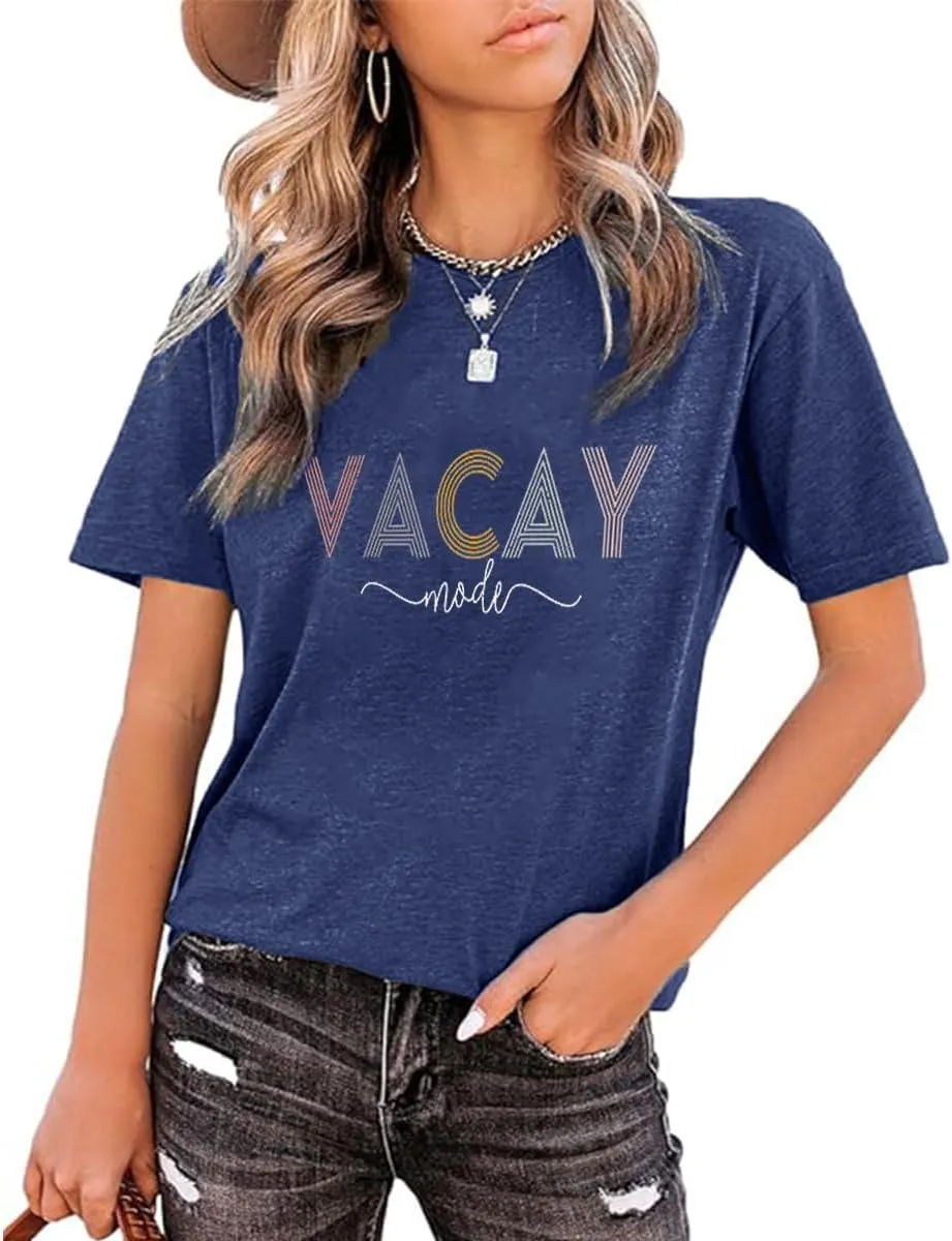 Vacay Mode T Shirts for Women Summer Beach Hawaii Vacation Short Sleeve Tops Holiday Cruise Getaway T Shirts