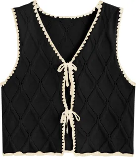 Verdusa Women's Old Money Bow Tie Crochet Sweater Vest Contrast Binding Knot Front V Neck Knit Top