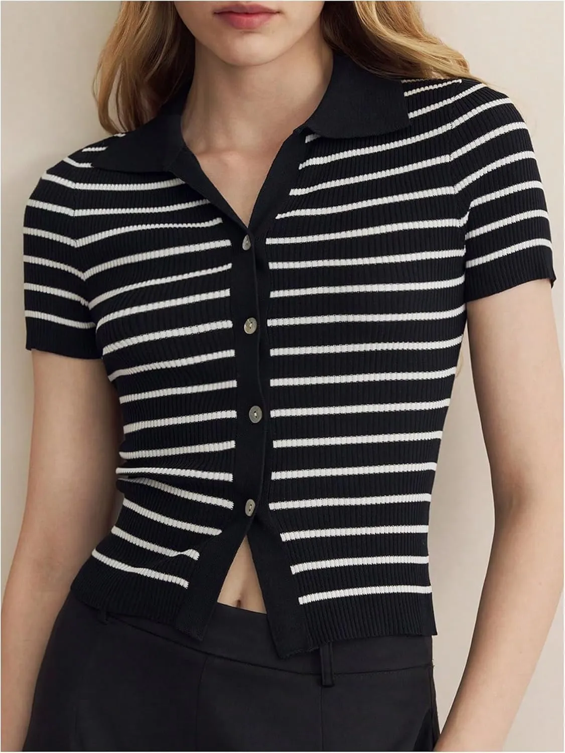 Verdusa Women's Striped Ribbed Knit Button Down Sweater Top Collar Short Sleeve Tee