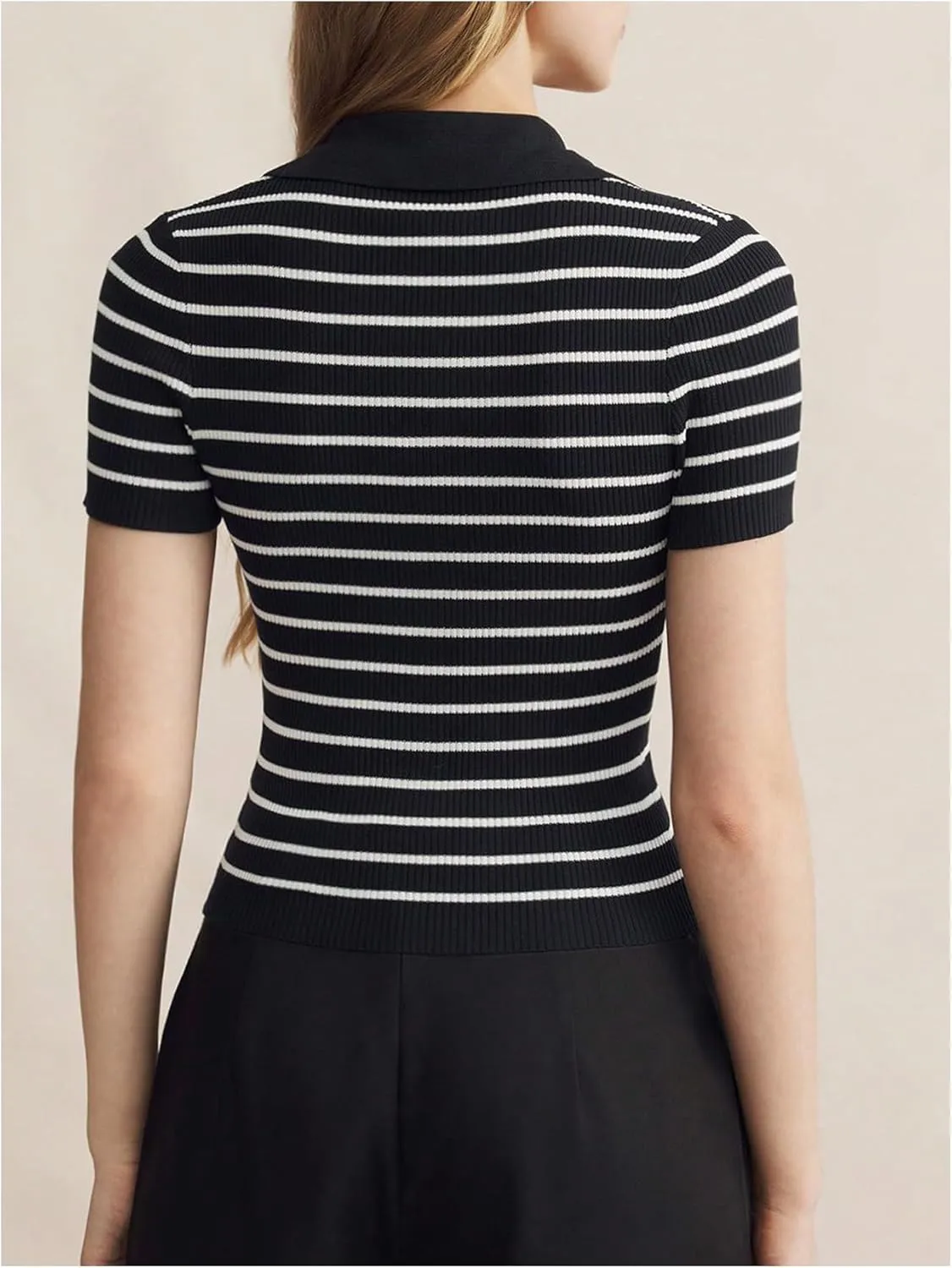 Verdusa Women's Striped Ribbed Knit Button Down Sweater Top Collar Short Sleeve Tee