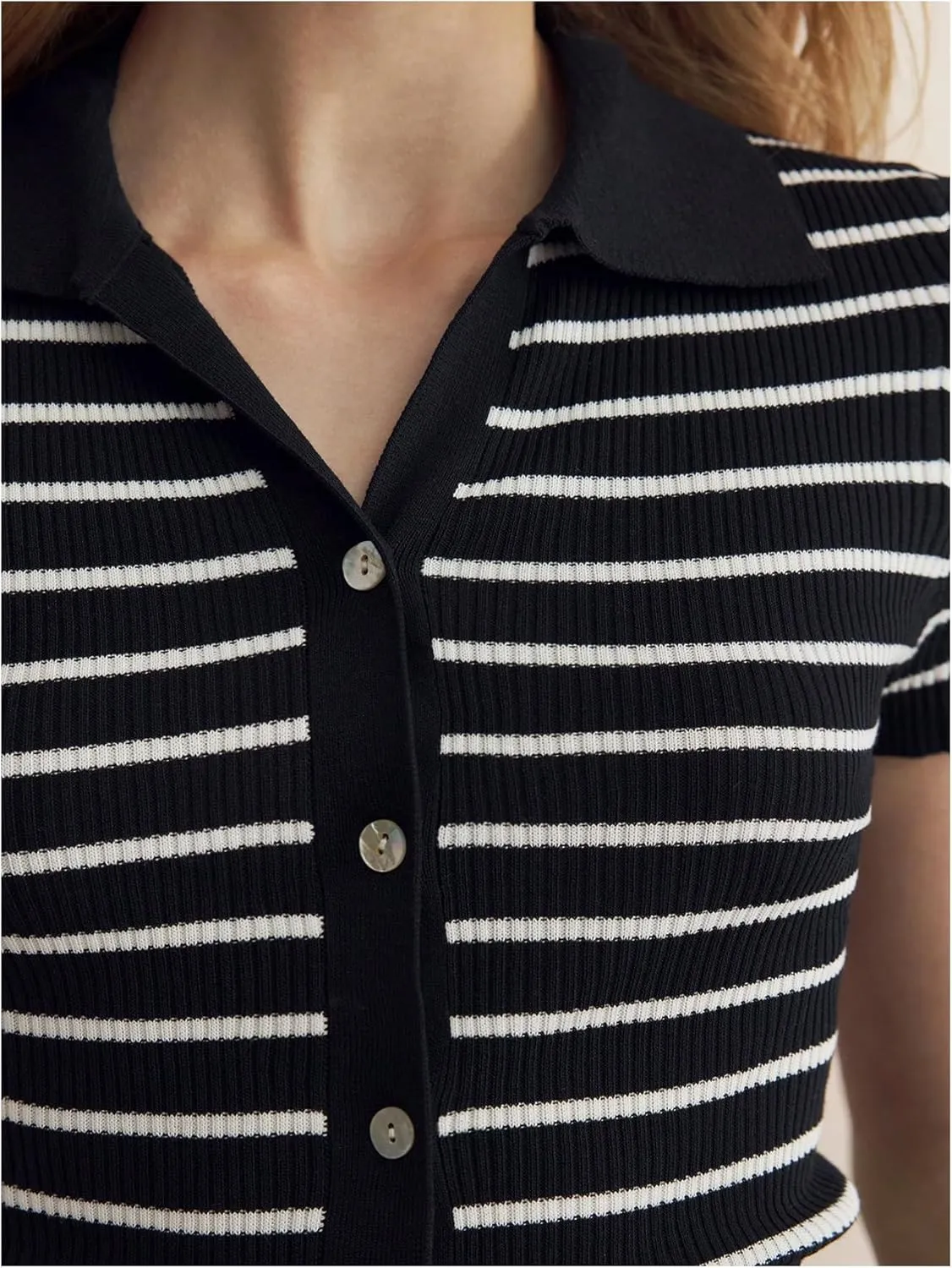 Verdusa Women's Striped Ribbed Knit Button Down Sweater Top Collar Short Sleeve Tee
