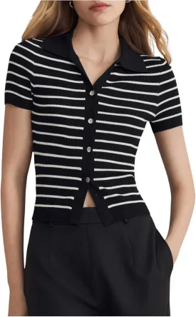 Verdusa Women's Striped Ribbed Knit Button Down Sweater Top Collar Short Sleeve Tee