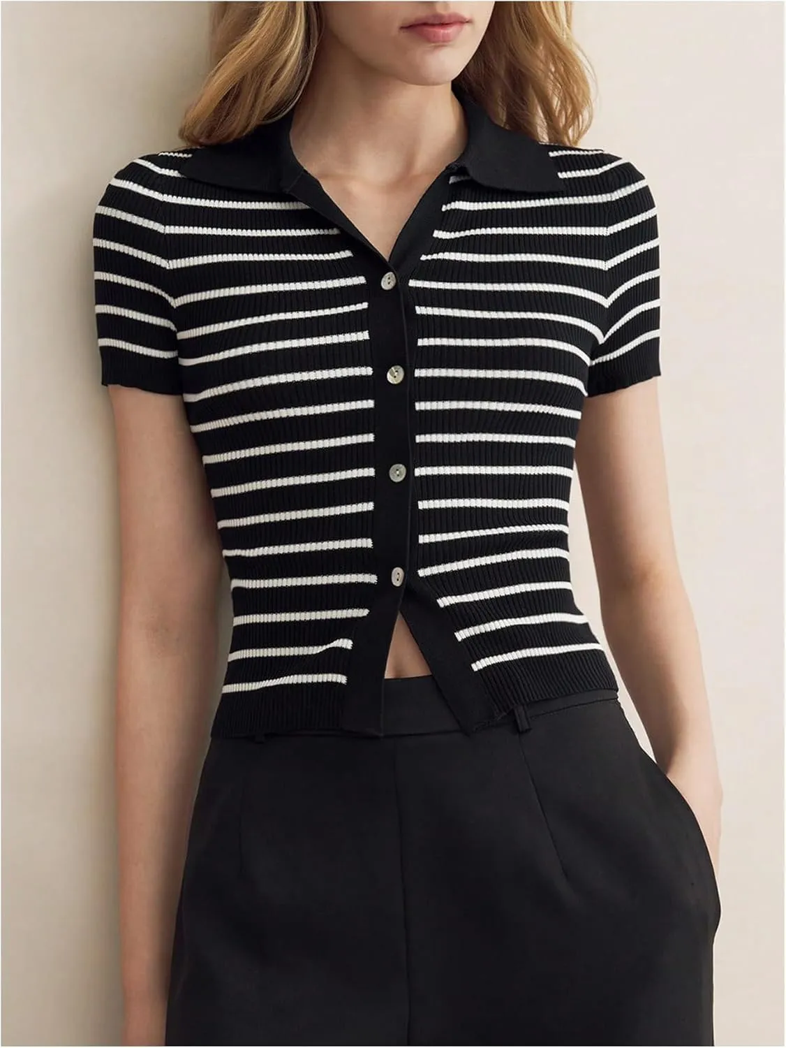 Verdusa Women's Striped Ribbed Knit Button Down Sweater Top Collar Short Sleeve Tee