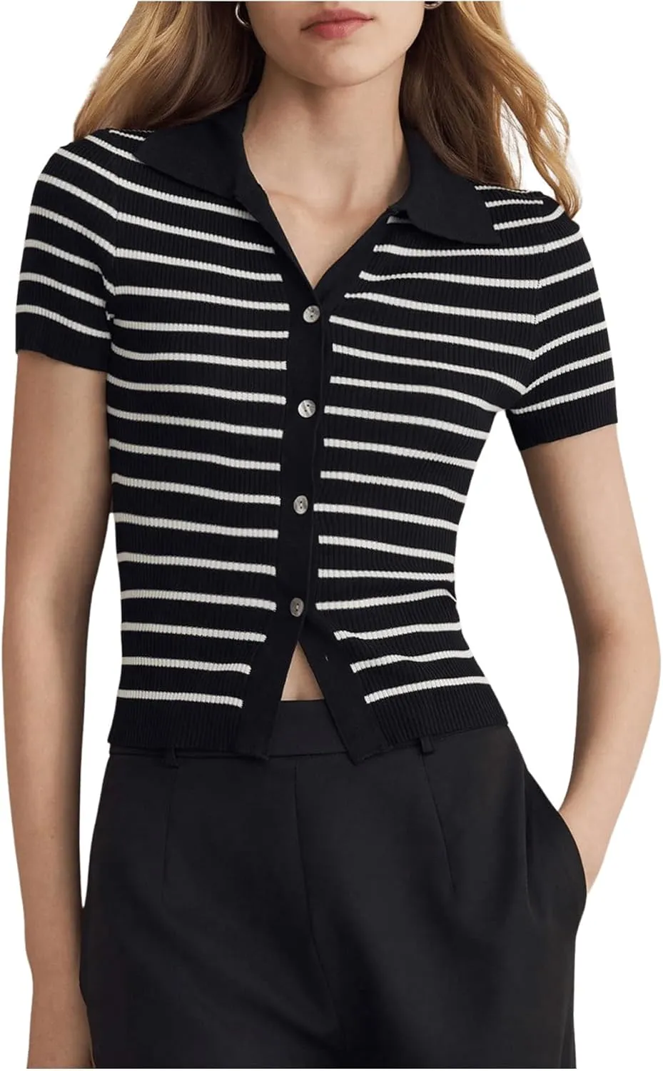 Verdusa Women's Striped Ribbed Knit Button Down Sweater Top Collar Short Sleeve Tee