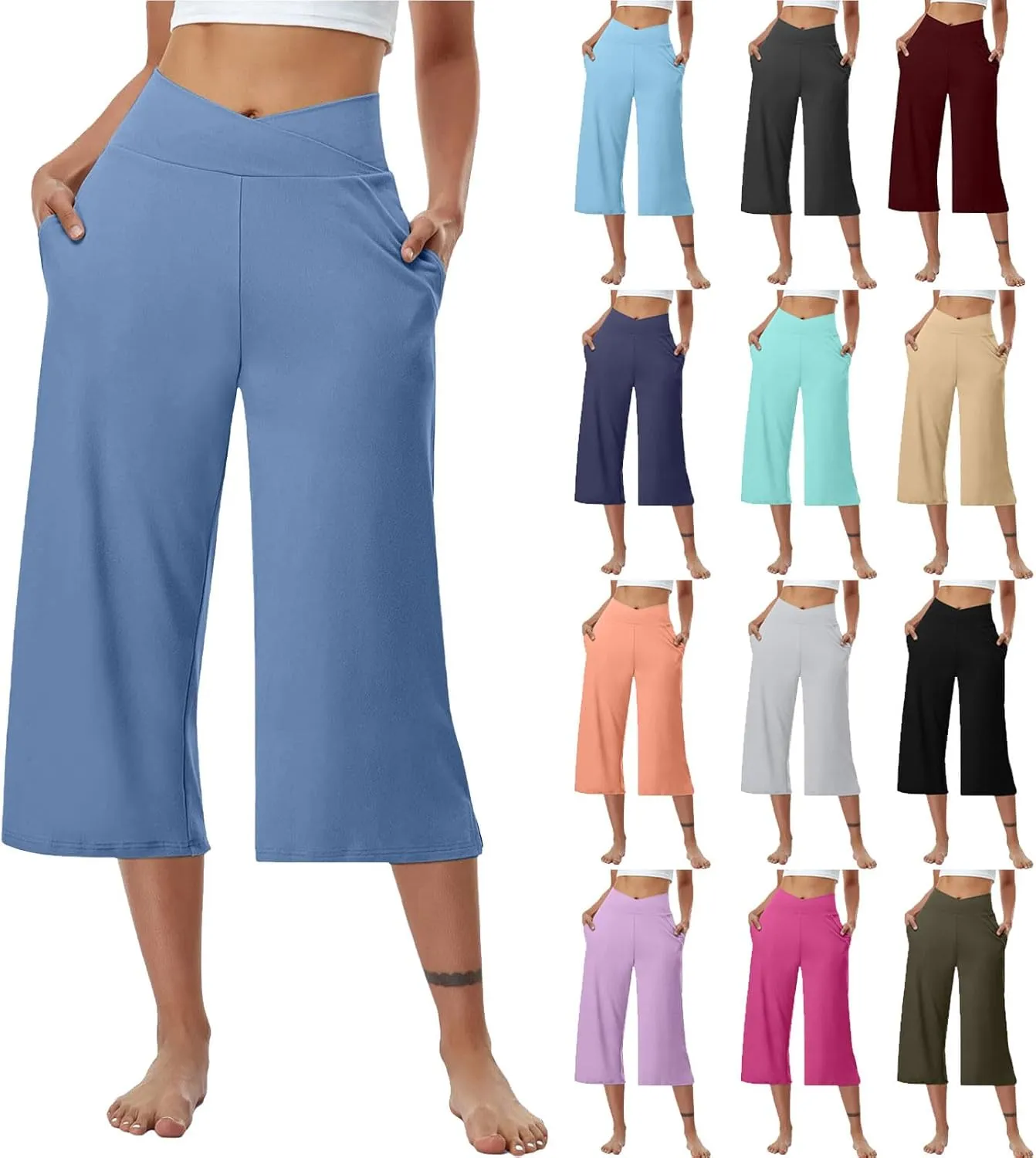 Wide Leg Capri Pants for Women Crossover High Waisted Yoga Pants Summer Loose Fitting Soft Capris with Pockets