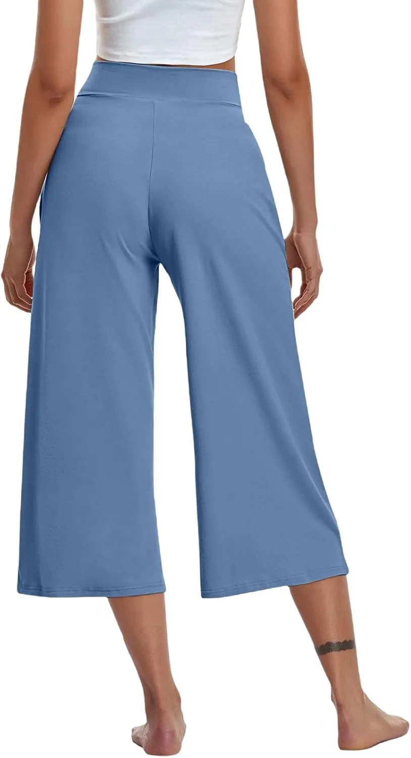 Wide Leg Capri Pants for Women Crossover High Waisted Yoga Pants Summer Loose Fitting Soft Capris with Pockets