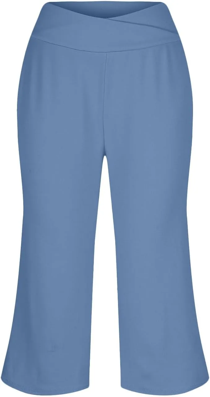 Wide Leg Capri Pants for Women Crossover High Waisted Yoga Pants Summer Loose Fitting Soft Capris with Pockets